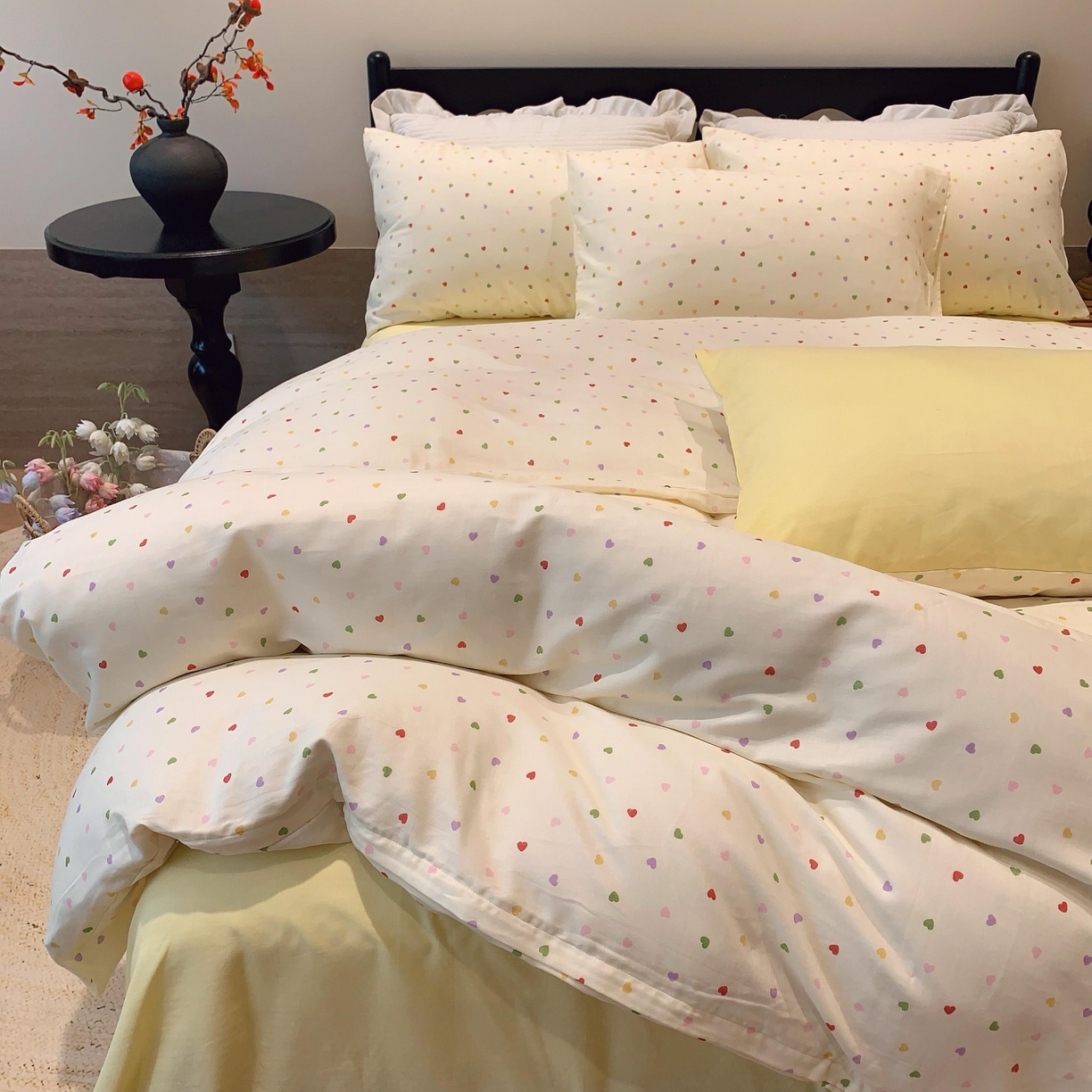 91家纺网 家纺一手货源 找家纺 莱豫家纺 2025新款亲肤舒适双层纱四件套 点点爱心