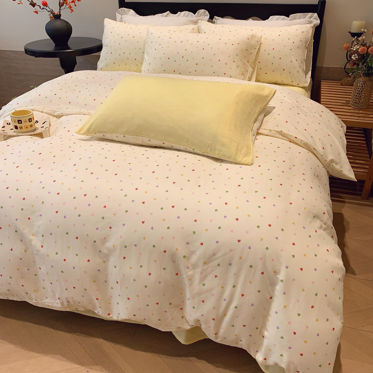 91家纺网 家纺一手货源 找家纺 莱豫家纺 2025新款亲肤舒适双层纱四件套 点点爱心