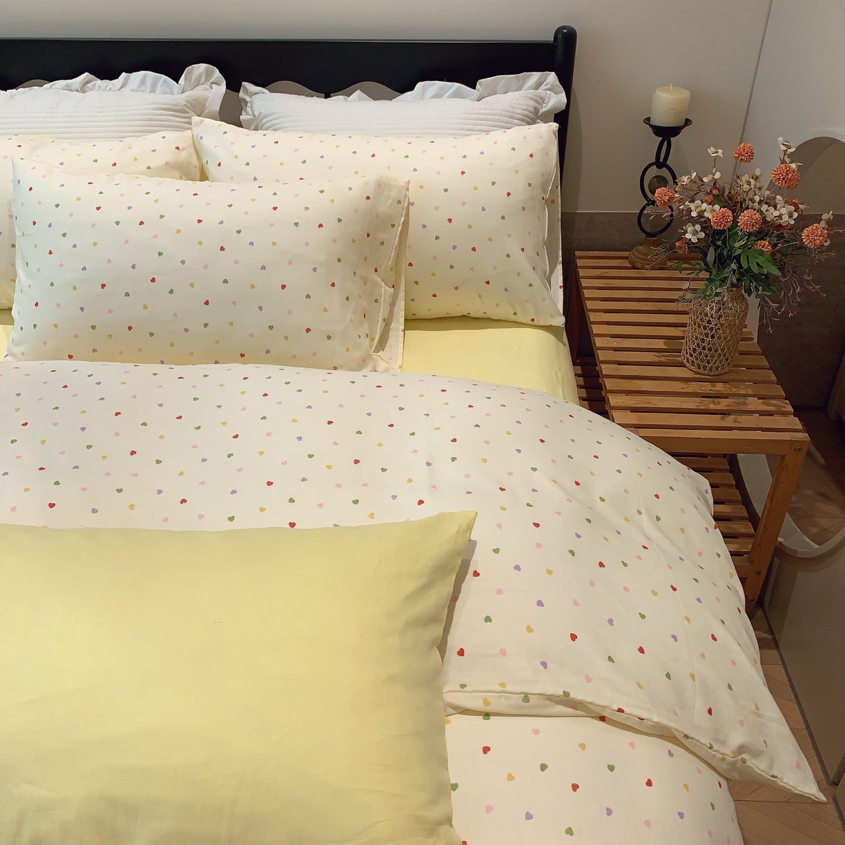 91家纺网 家纺一手货源 找家纺 莱豫家纺 2025新款亲肤舒适双层纱四件套 点点爱心