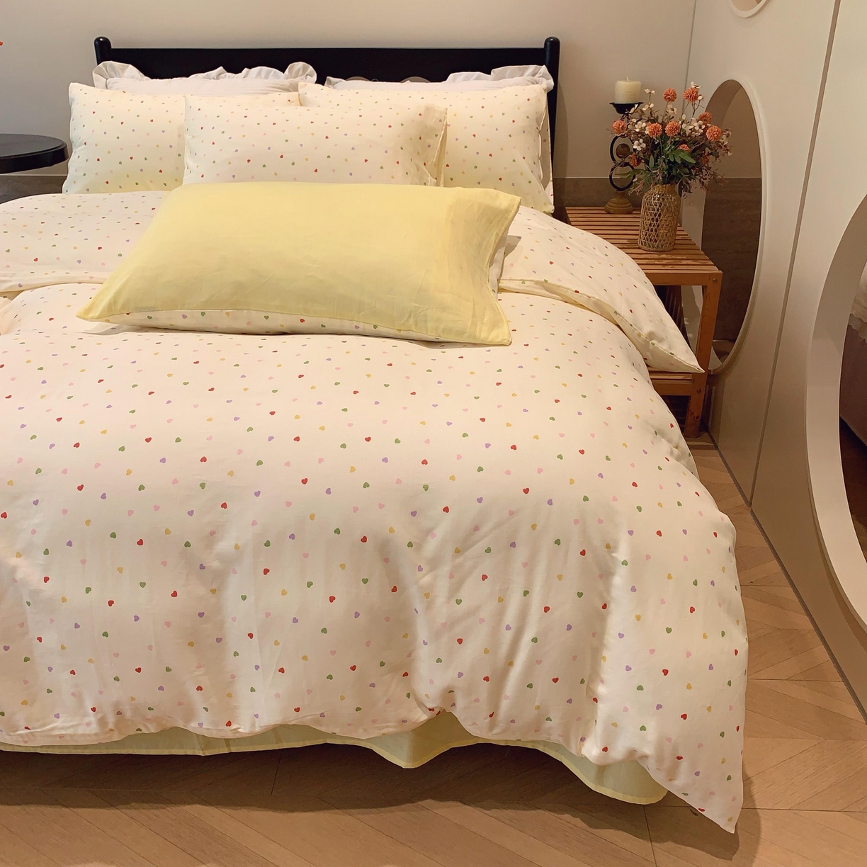 91家纺网 家纺一手货源 找家纺 莱豫家纺 2025新款亲肤舒适双层纱四件套 点点爱心