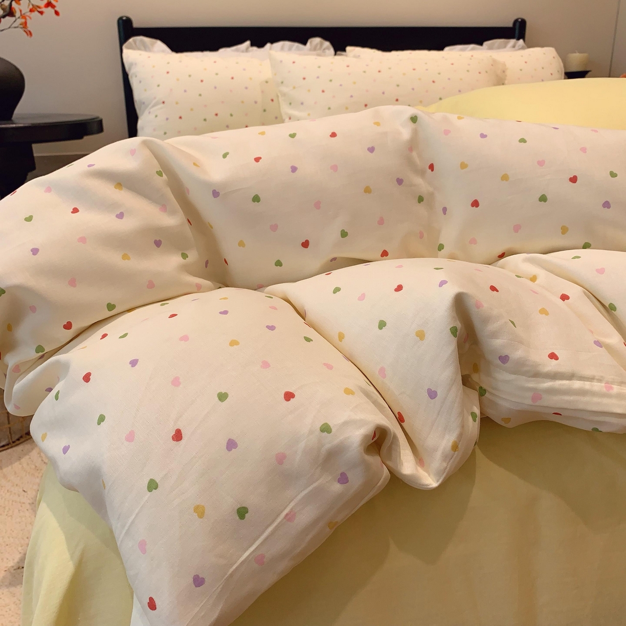 91家纺网 家纺一手货源 找家纺 莱豫家纺 2025新款亲肤舒适双层纱四件套 点点爱心