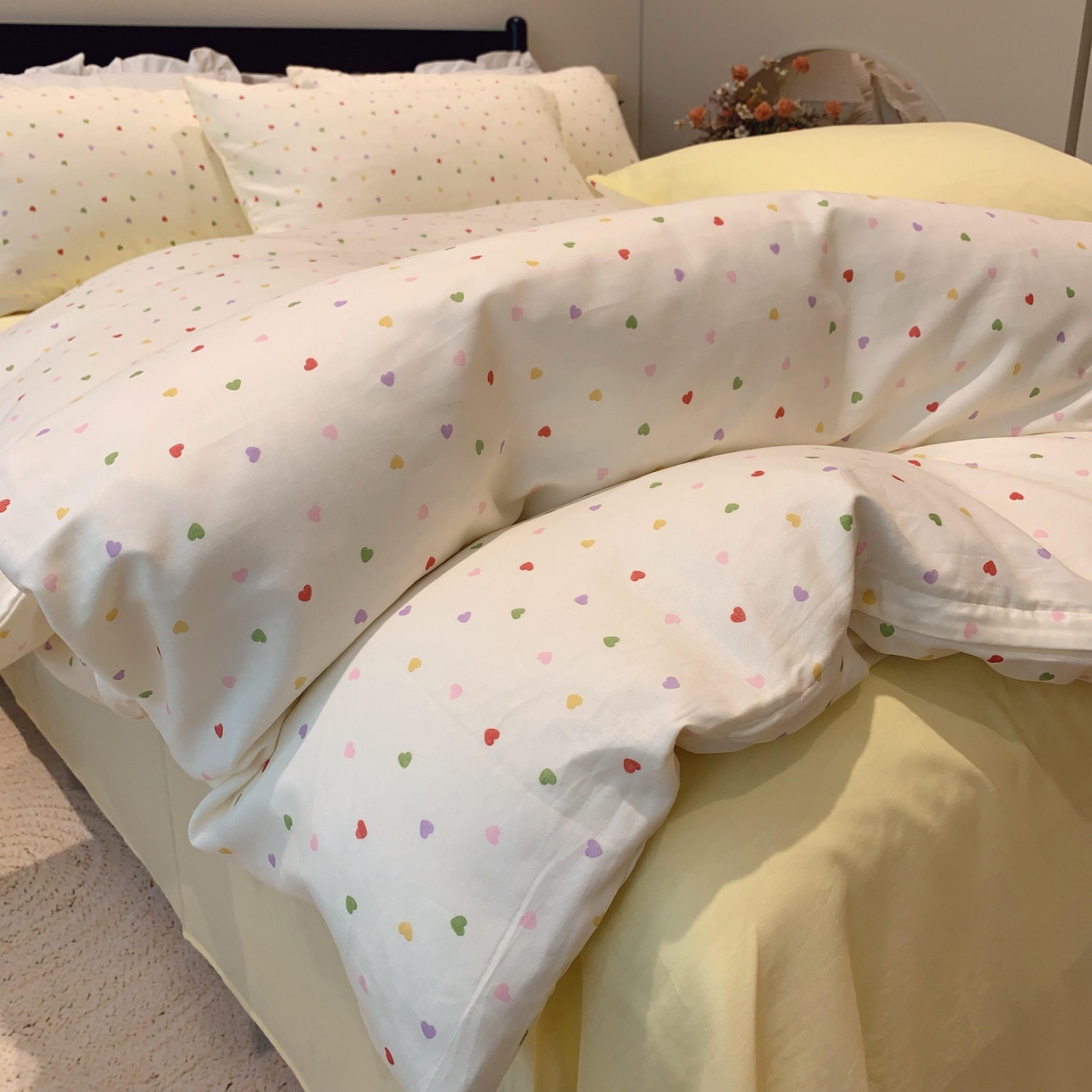 91家纺网 家纺一手货源 找家纺 莱豫家纺 2025新款亲肤舒适双层纱四件套 点点爱心