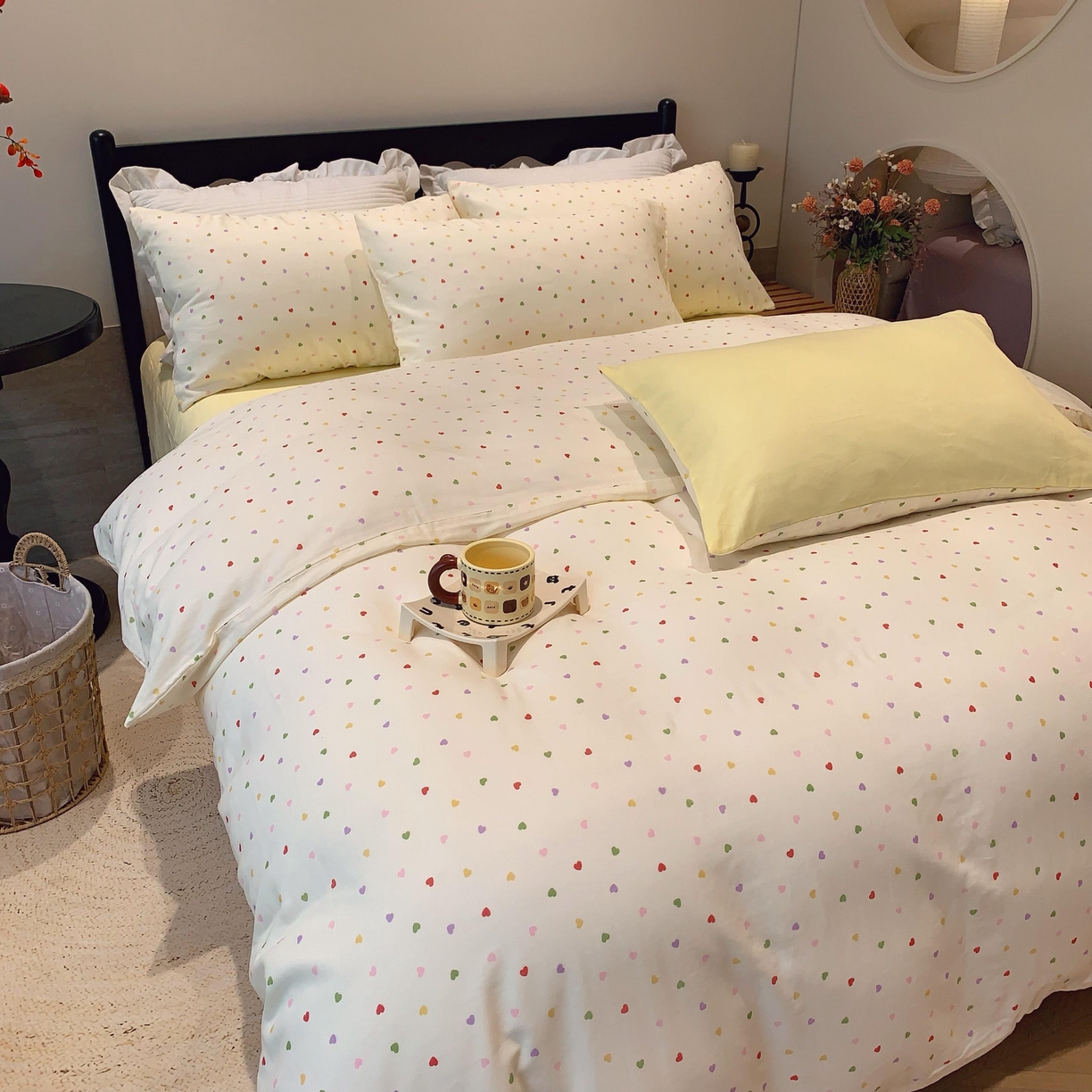 91家纺网 家纺一手货源 找家纺 莱豫家纺 2025新款亲肤舒适双层纱四件套 点点爱心