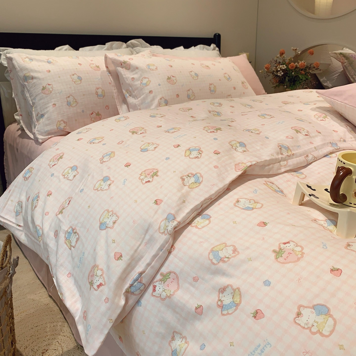 91家纺网 家纺一手货源 找家纺 莱豫家纺 2025新款亲肤舒适双层纱四件套 粉色kt