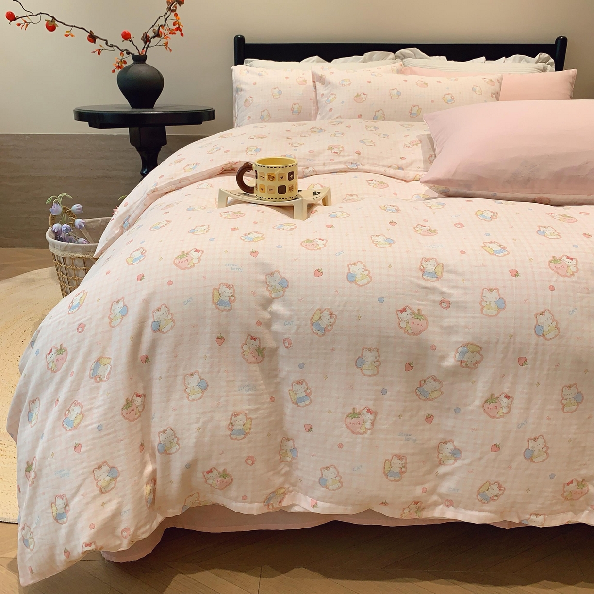 91家纺网 家纺一手货源 找家纺 莱豫家纺 2025新款亲肤舒适双层纱四件套 粉色kt