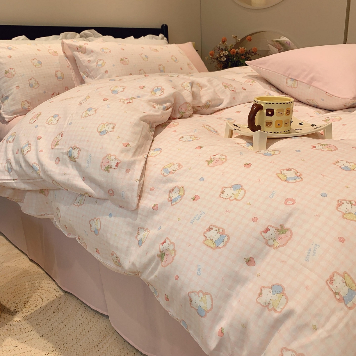 91家纺网 家纺一手货源 找家纺 莱豫家纺 2025新款亲肤舒适双层纱四件套 粉色kt