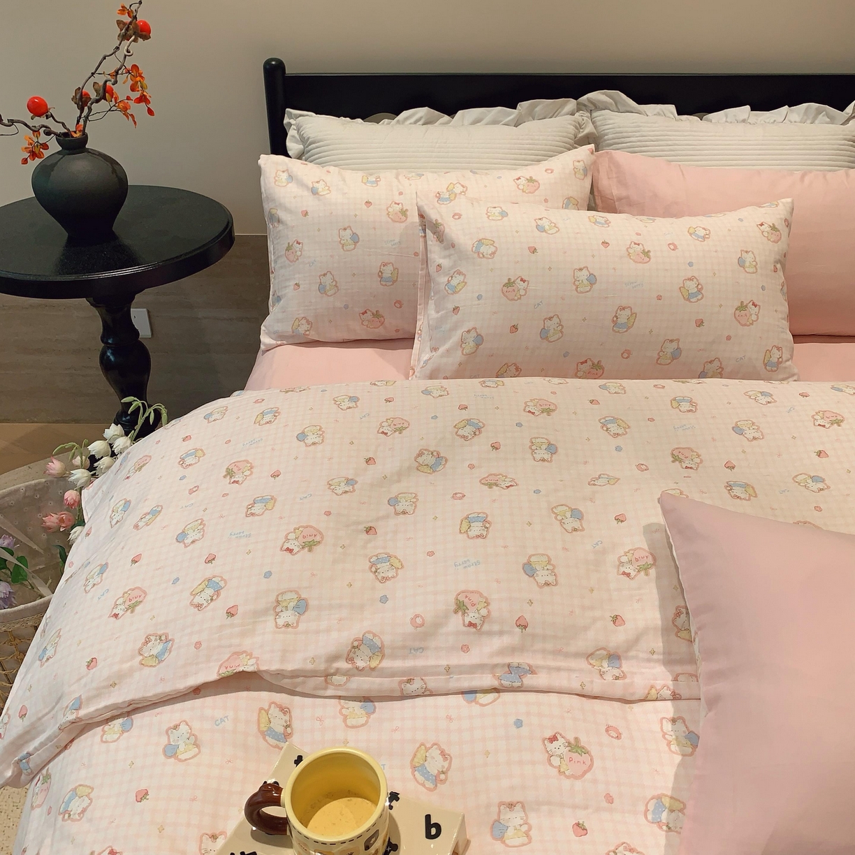 91家纺网 家纺一手货源 找家纺 莱豫家纺 2025新款亲肤舒适双层纱四件套 粉色kt