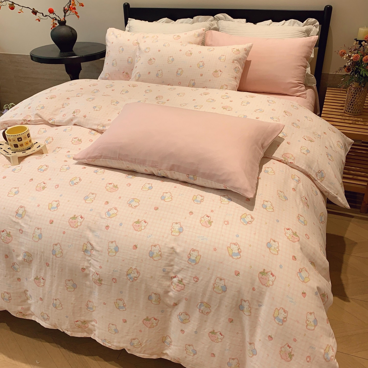 91家纺网 家纺一手货源 找家纺 莱豫家纺 2025新款亲肤舒适双层纱四件套 粉色kt