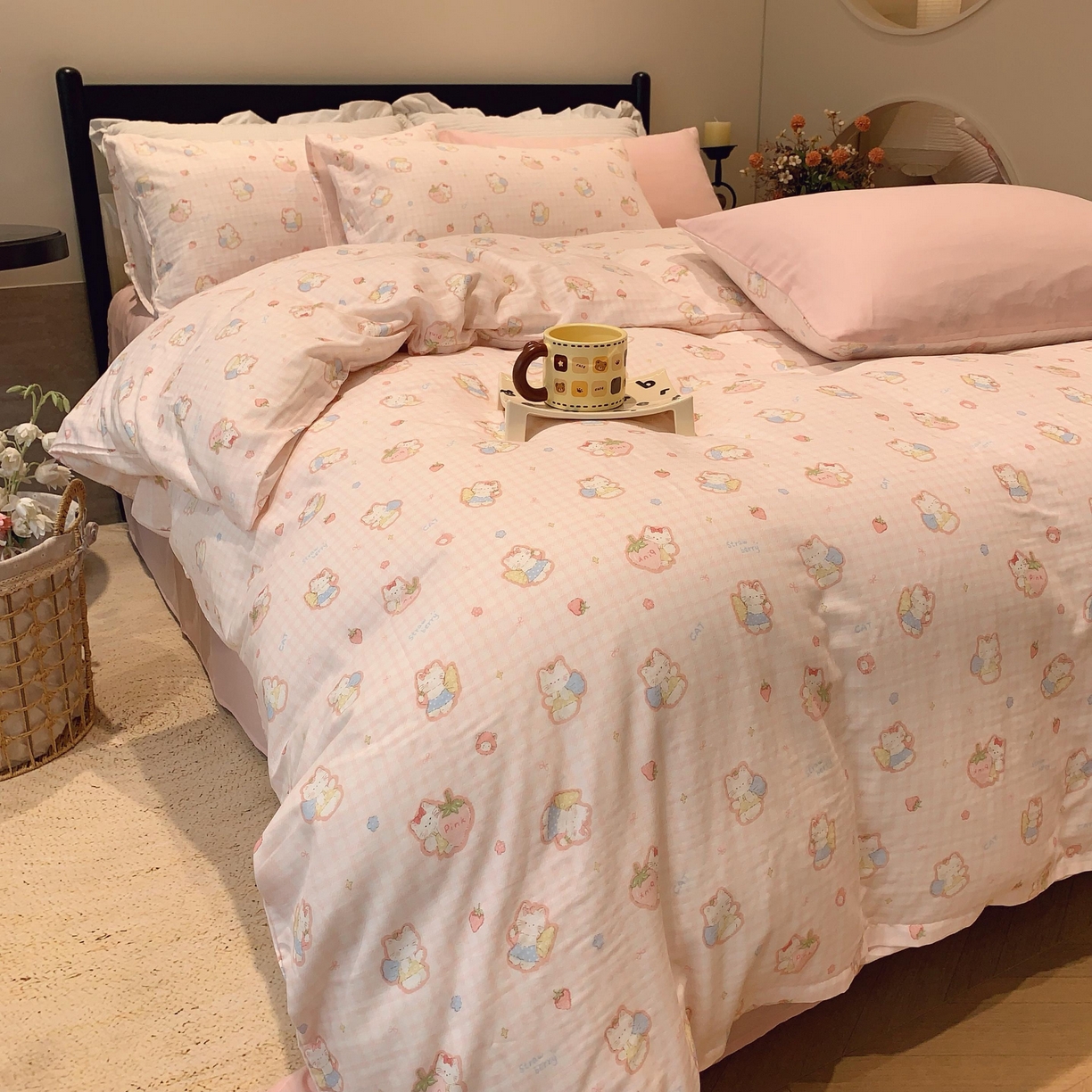 91家纺网 家纺一手货源 找家纺 莱豫家纺 2025新款亲肤舒适双层纱四件套 粉色kt