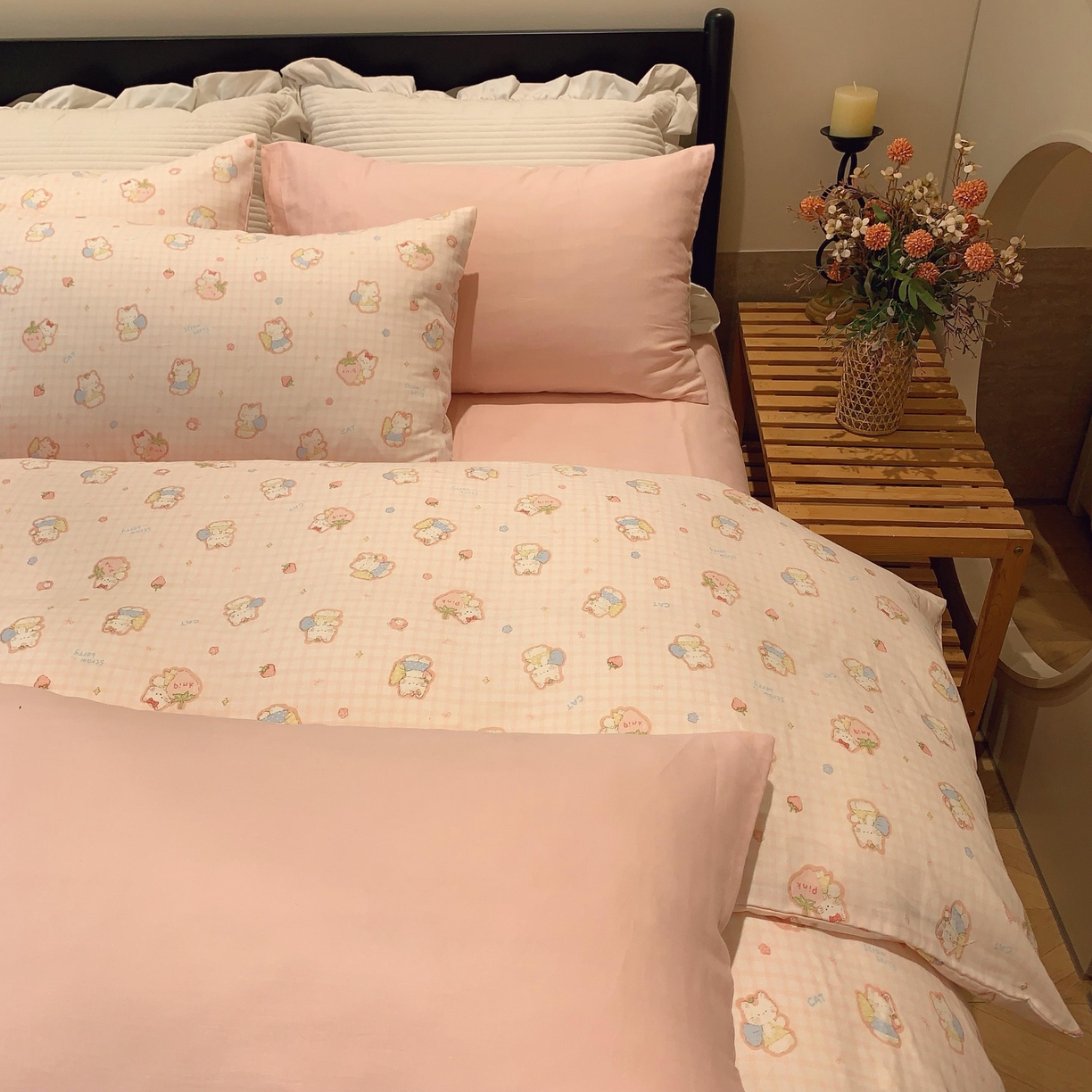 91家纺网 家纺一手货源 找家纺 莱豫家纺 2025新款亲肤舒适双层纱四件套 粉色kt