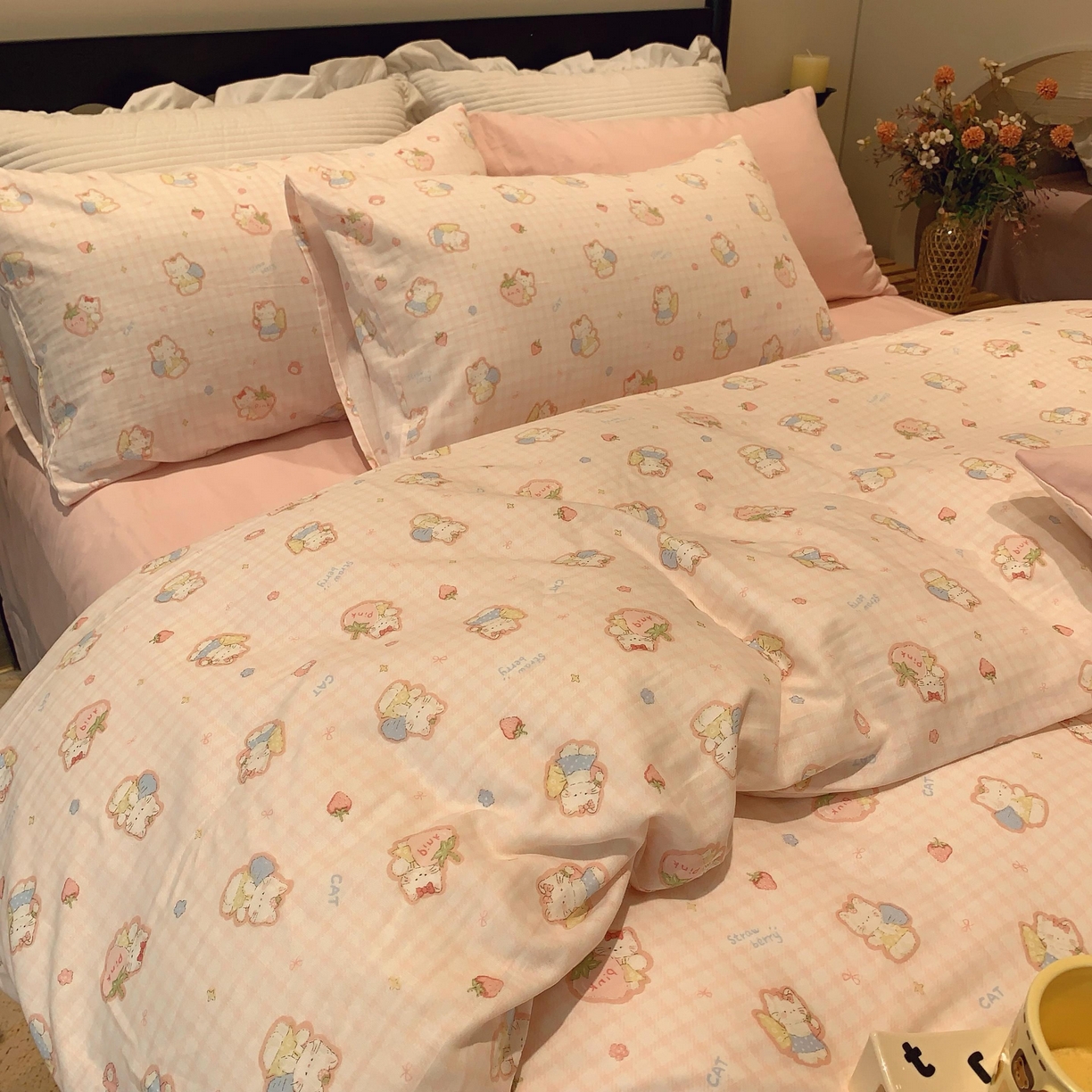 91家纺网 家纺一手货源 找家纺 莱豫家纺 2025新款亲肤舒适双层纱四件套 粉色kt