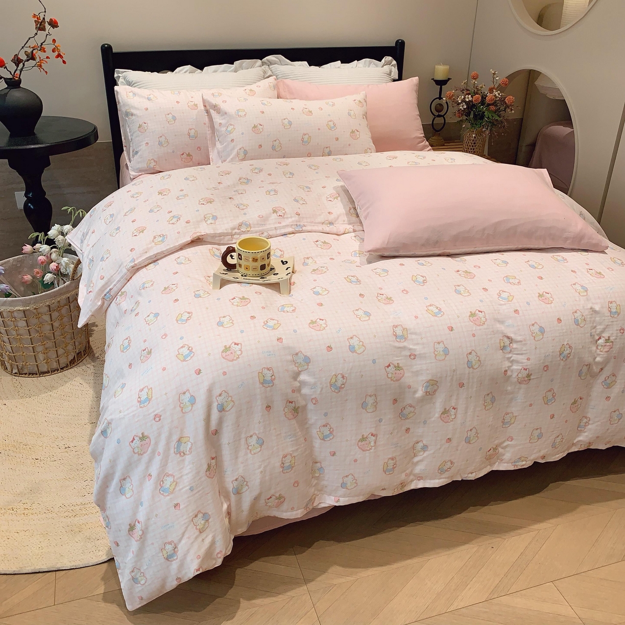 91家纺网 家纺一手货源 找家纺 莱豫家纺 2025新款亲肤舒适双层纱四件套 粉色kt