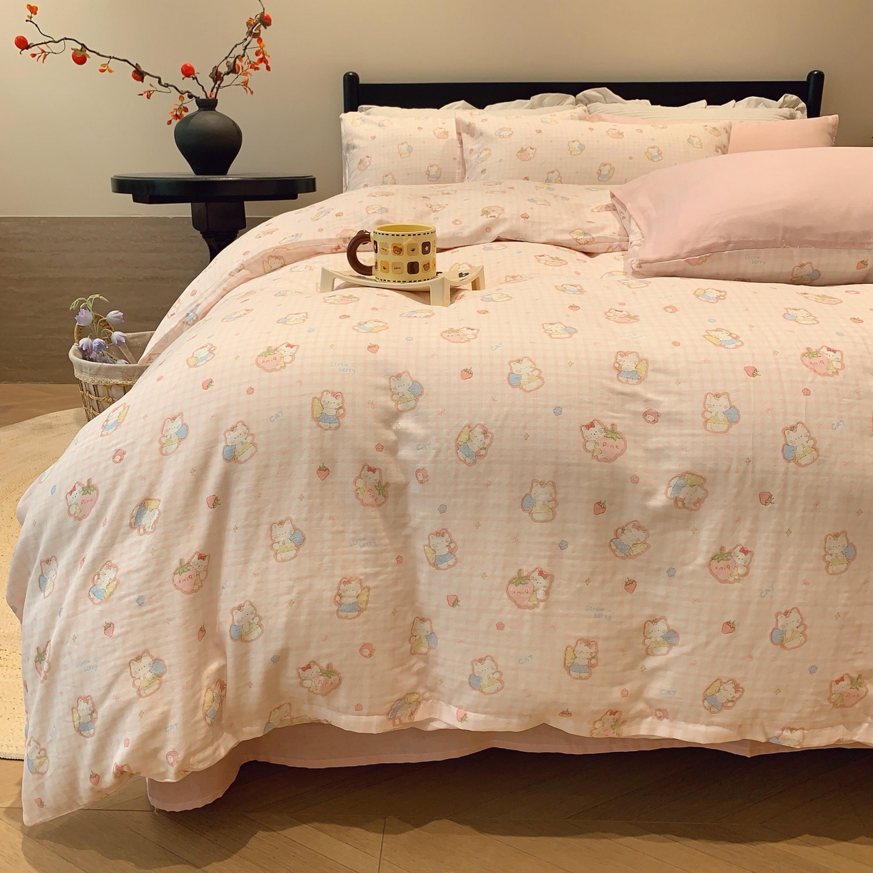 91家纺网 家纺一手货源 找家纺 莱豫家纺 2025新款亲肤舒适双层纱四件套 粉色kt