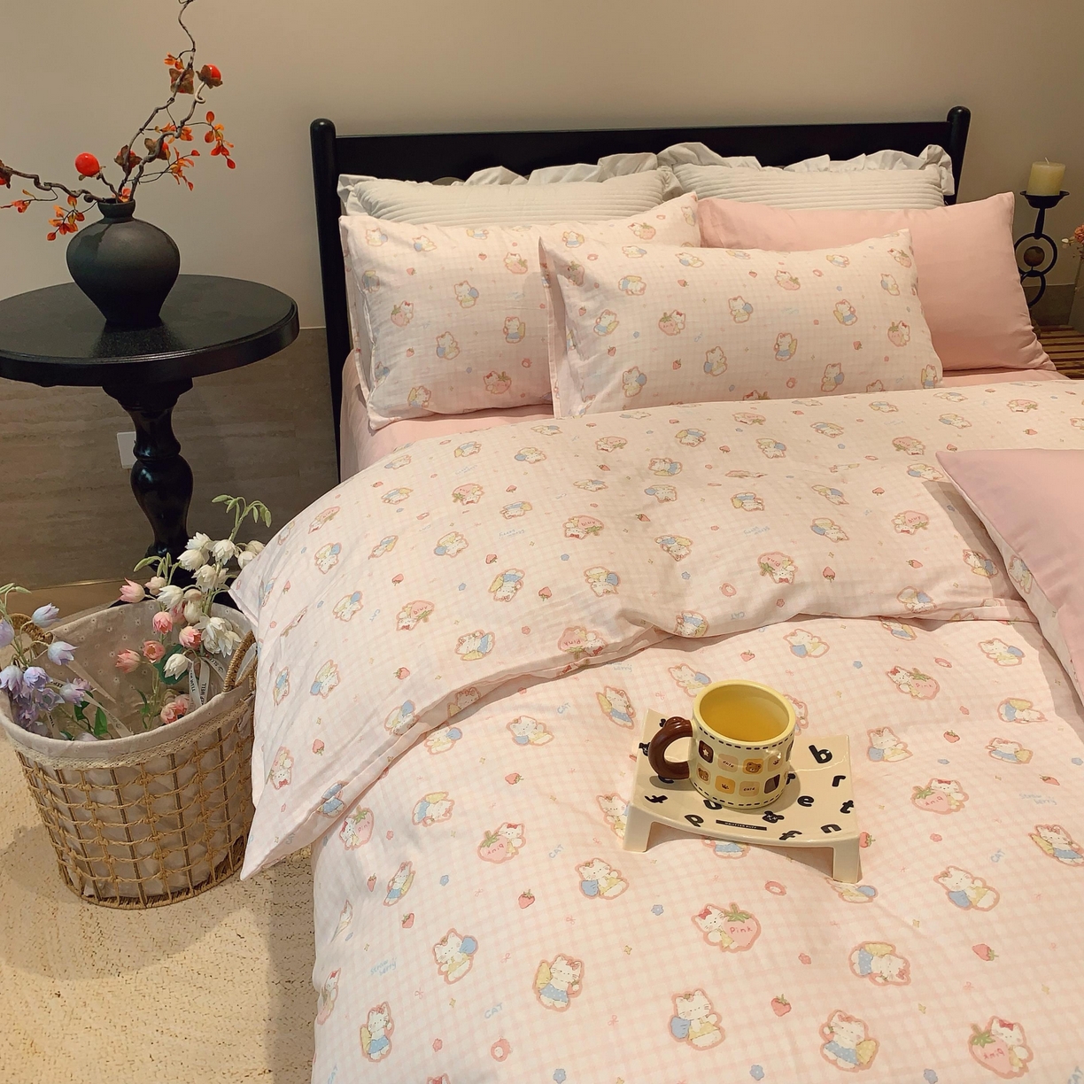 91家纺网 家纺一手货源 找家纺 莱豫家纺 2025新款亲肤舒适双层纱四件套 粉色kt