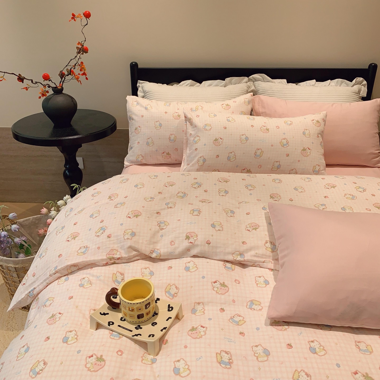 91家纺网 家纺一手货源 找家纺 莱豫家纺 2025新款亲肤舒适双层纱四件套 粉色kt