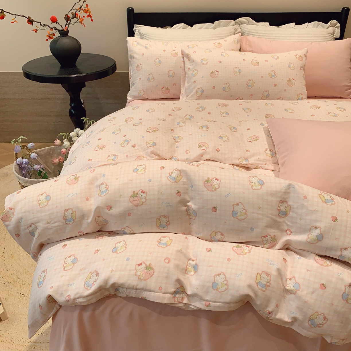 91家纺网 家纺一手货源 找家纺 莱豫家纺 2025新款亲肤舒适双层纱四件套 粉色kt