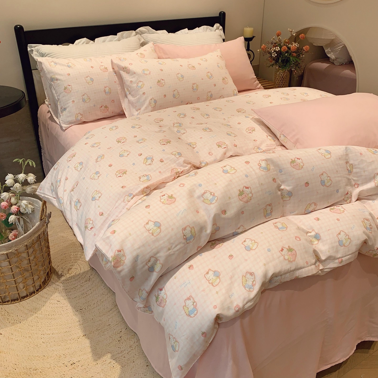 91家纺网 家纺一手货源 找家纺 莱豫家纺 2025新款亲肤舒适双层纱四件套 粉色kt