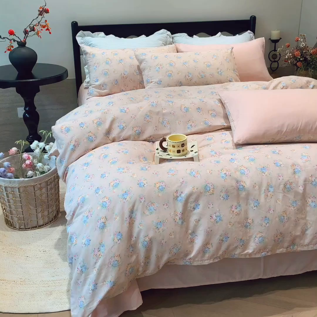 91家纺网 家纺一手货源 找家纺 莱豫家纺 2025新款亲肤舒适双层纱四件套 花季时光
