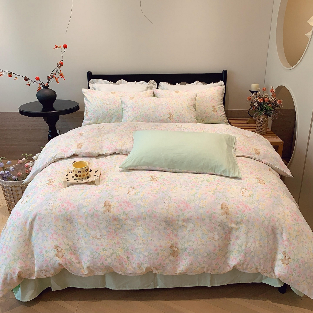 莱豫家纺 2025新款亲肤舒适双层纱四件套 花园小兔