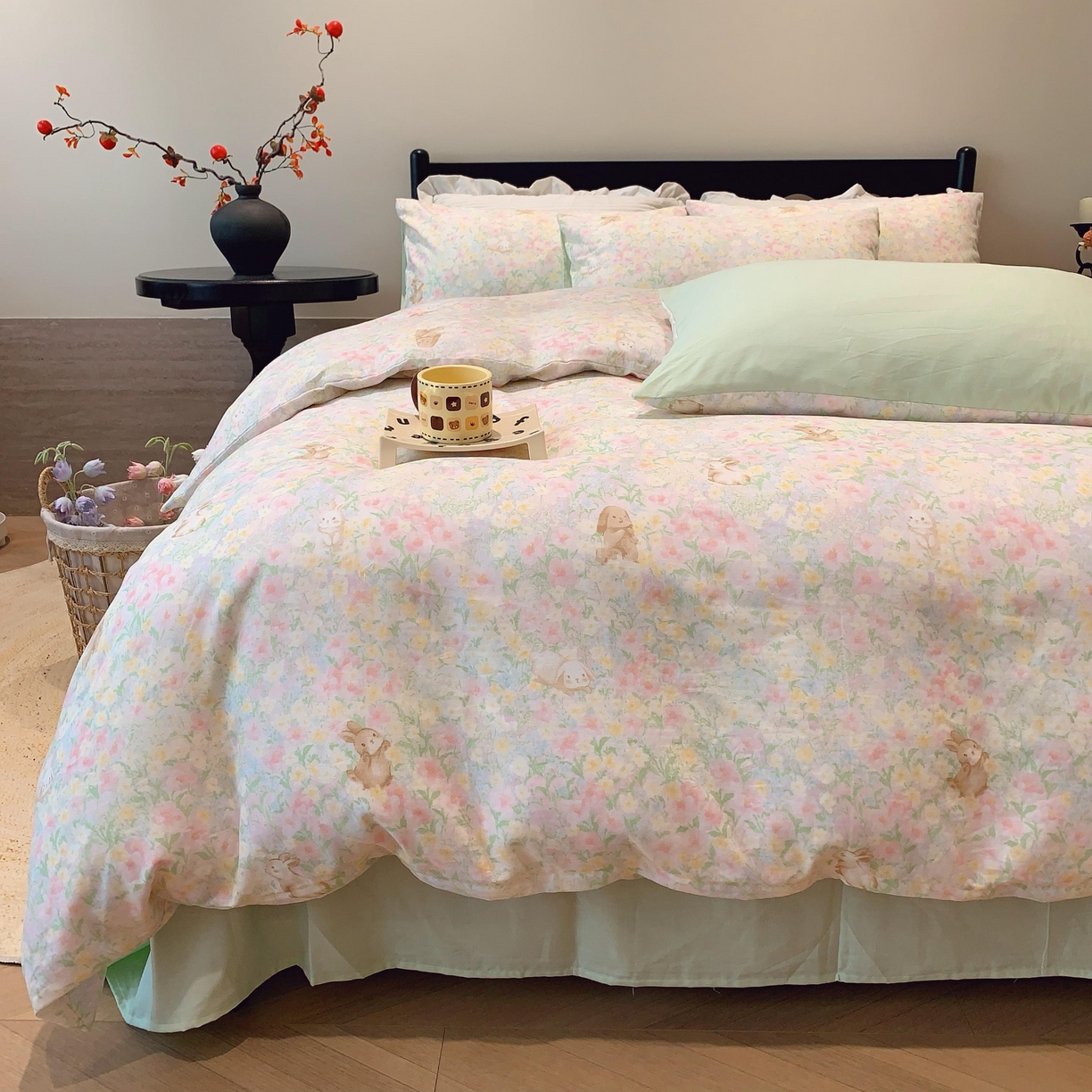 91家纺网 家纺一手货源 找家纺 莱豫家纺 2025新款亲肤舒适双层纱四件套 花园小兔