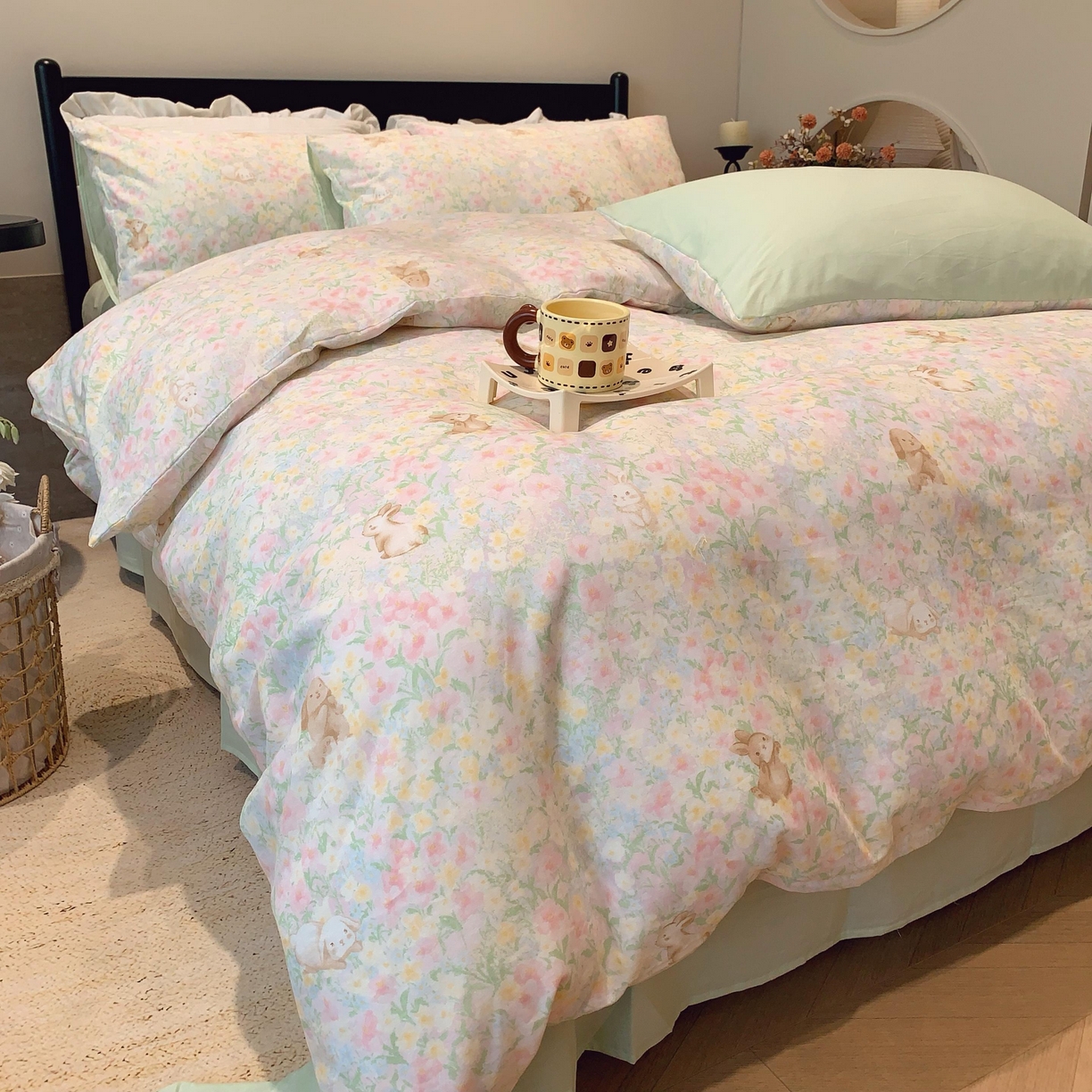 91家纺网 家纺一手货源 找家纺 莱豫家纺 2025新款亲肤舒适双层纱四件套 花园小兔