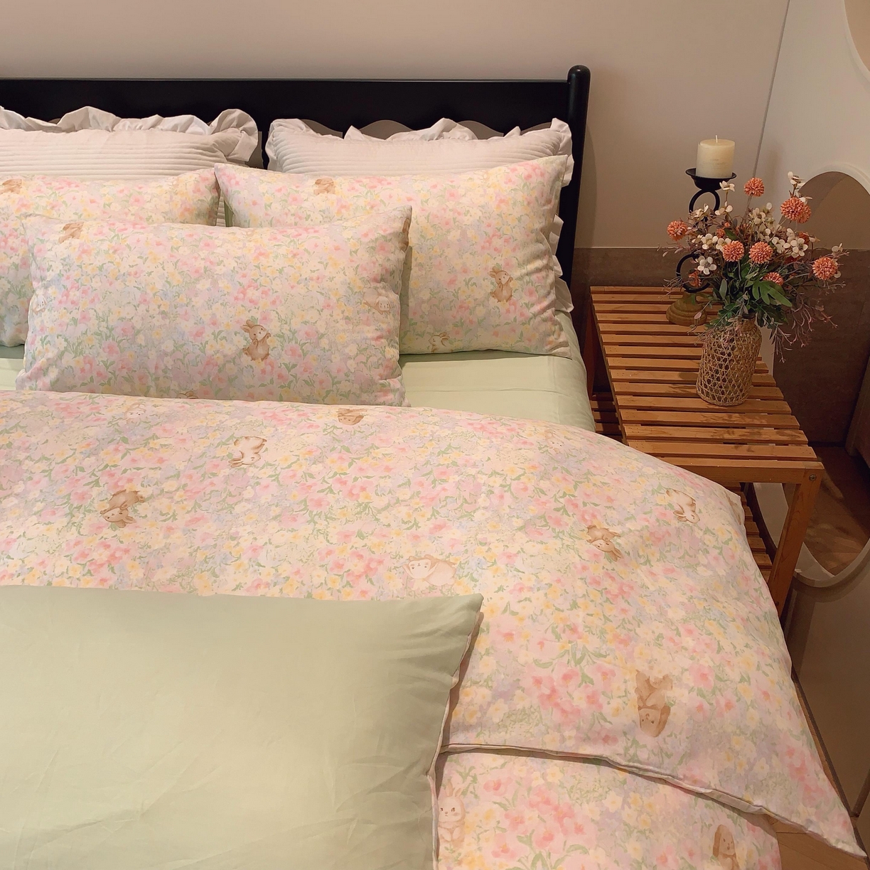 91家纺网 家纺一手货源 找家纺 莱豫家纺 2025新款亲肤舒适双层纱四件套 花园小兔