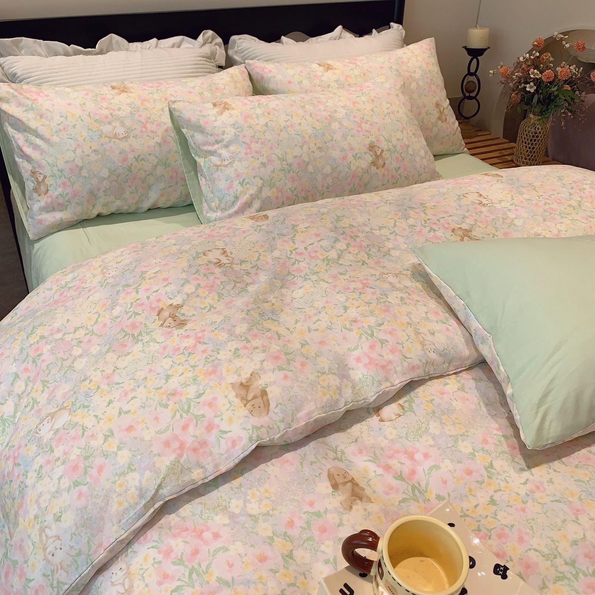 91家纺网 家纺一手货源 找家纺 莱豫家纺 2025新款亲肤舒适双层纱四件套 花园小兔