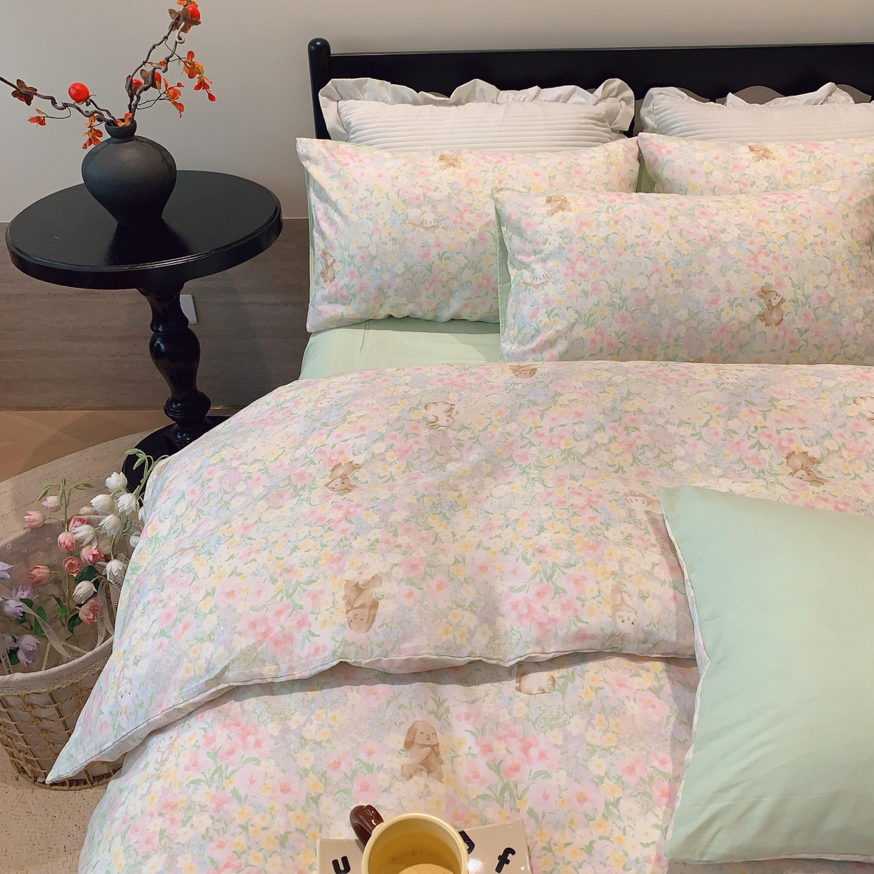 91家纺网 家纺一手货源 找家纺 莱豫家纺 2025新款亲肤舒适双层纱四件套 花园小兔