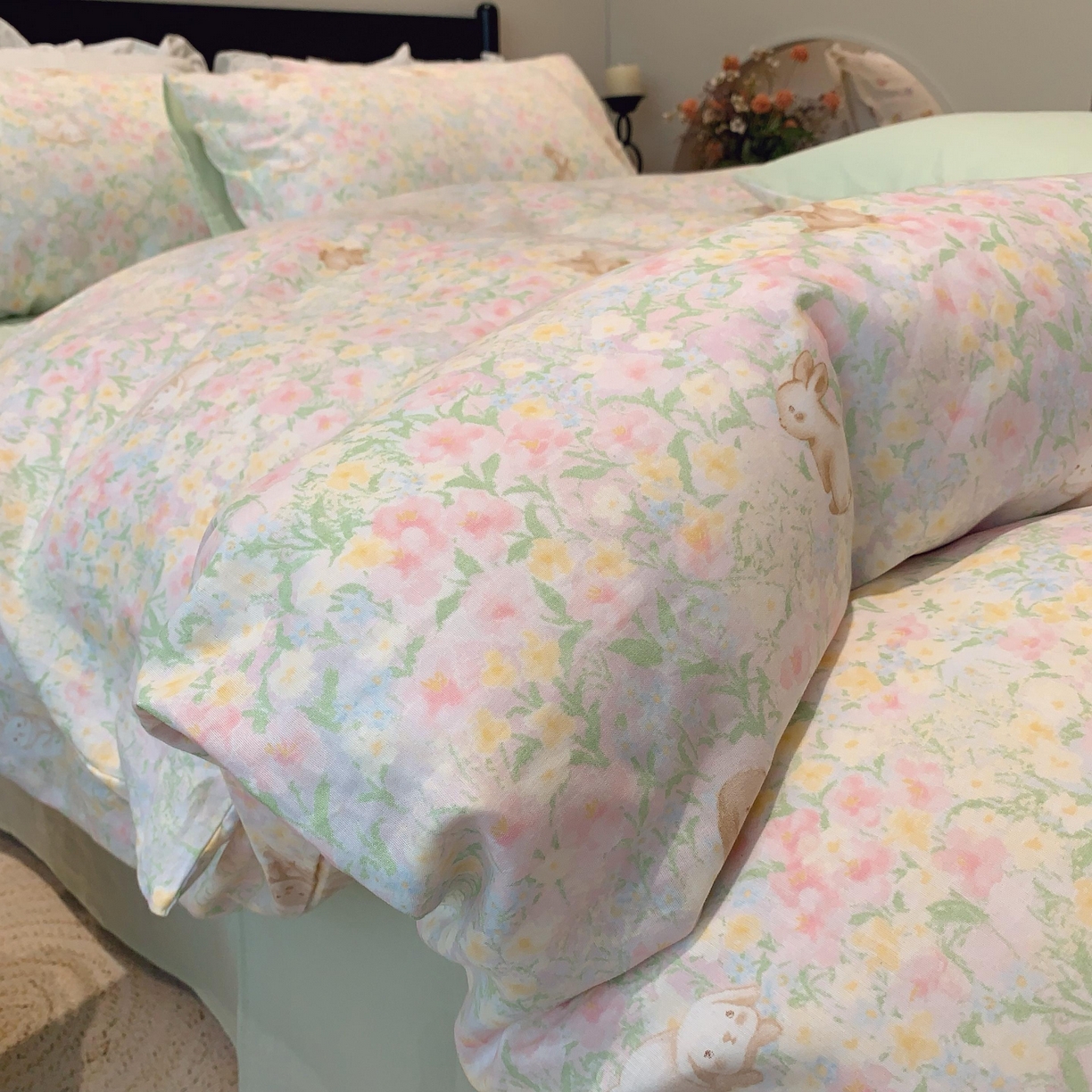 91家纺网 家纺一手货源 找家纺 莱豫家纺 2025新款亲肤舒适双层纱四件套 花园小兔