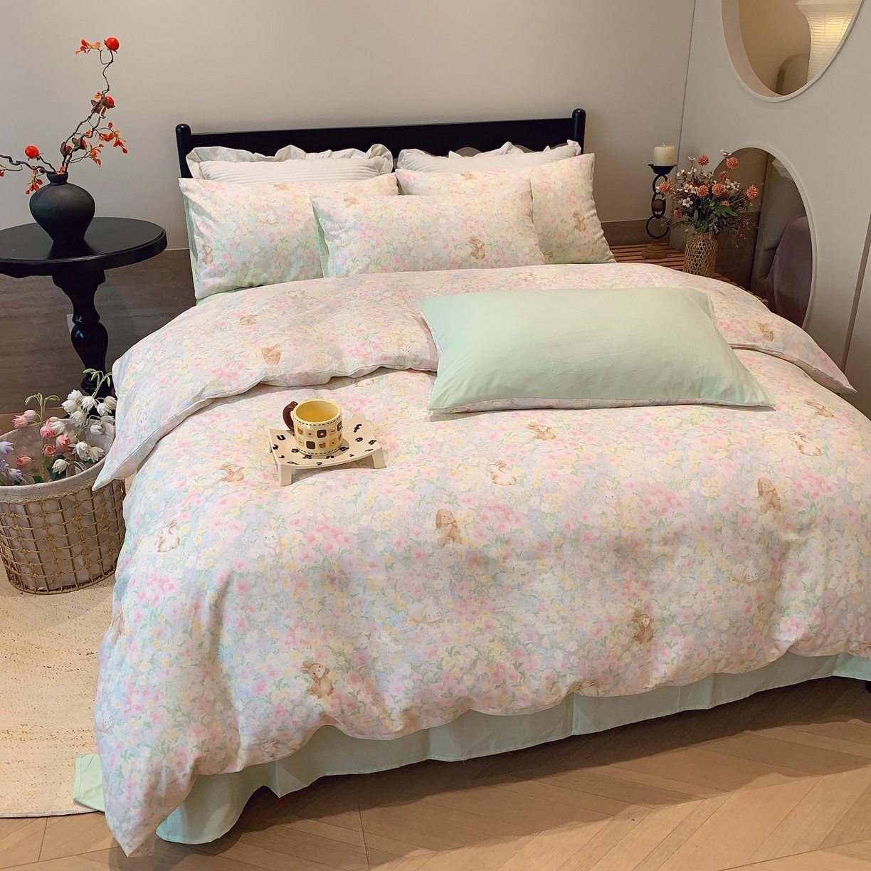 91家纺网 家纺一手货源 找家纺 莱豫家纺 2025新款亲肤舒适双层纱四件套 花园小兔