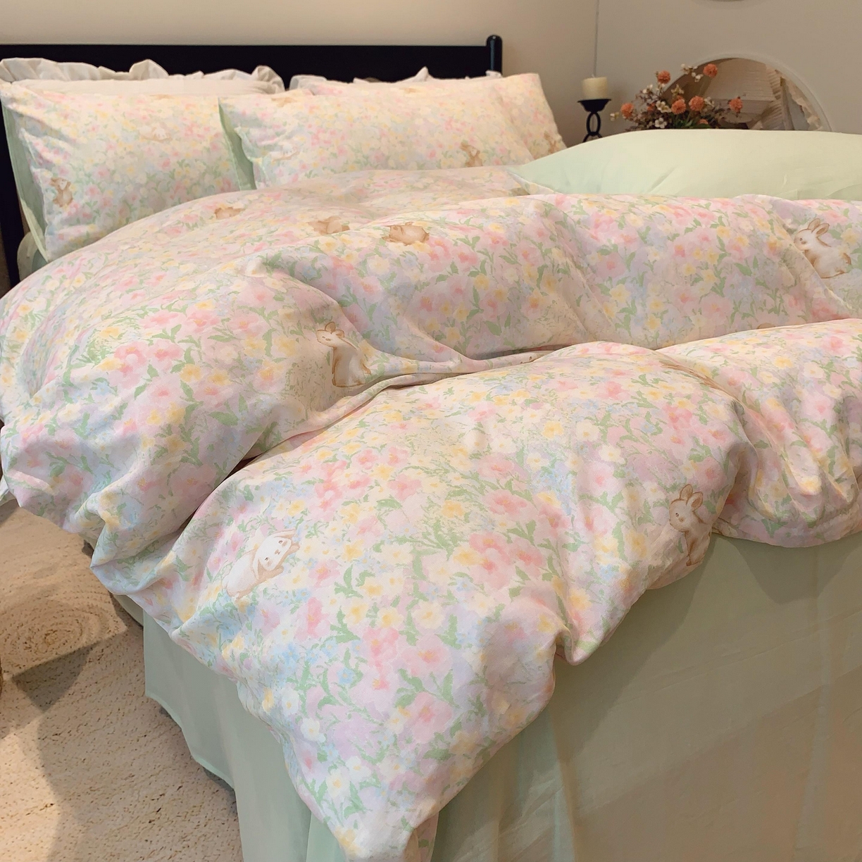 91家纺网 家纺一手货源 找家纺 莱豫家纺 2025新款亲肤舒适双层纱四件套 花园小兔