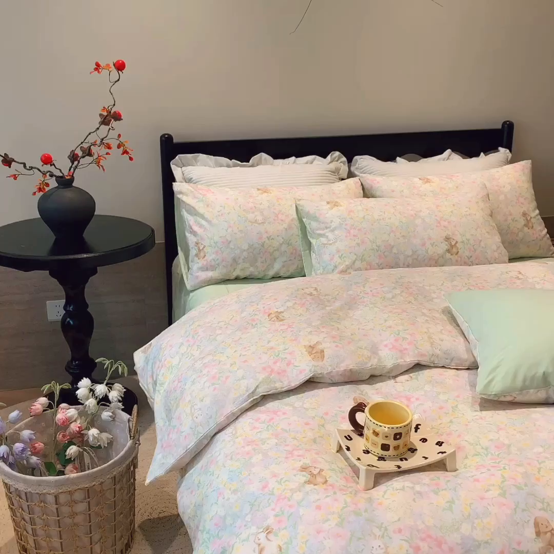 91家纺网 家纺一手货源 找家纺 莱豫家纺 2025新款亲肤舒适双层纱四件套 花园小兔