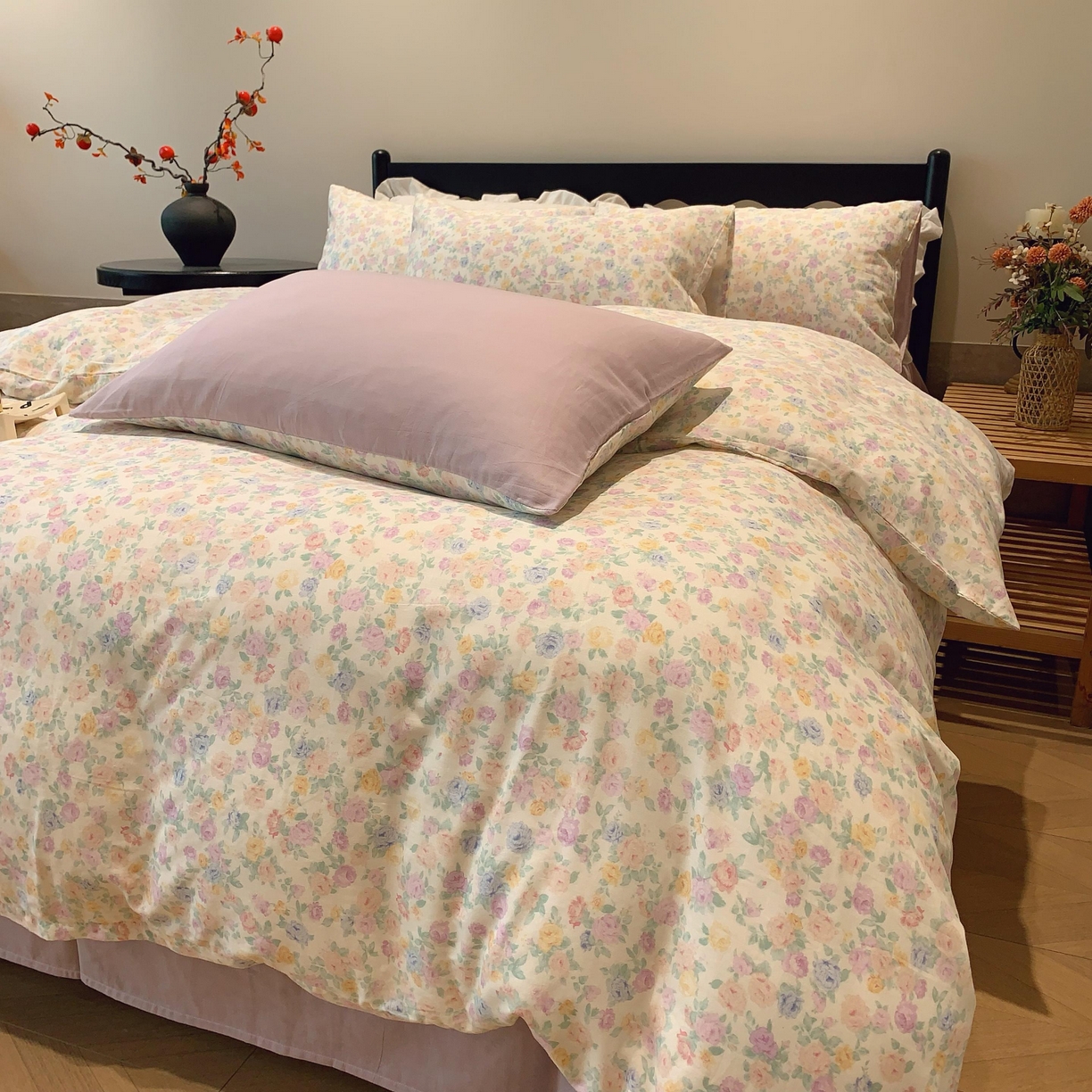 91家纺网 家纺一手货源 找家纺 莱豫家纺 2025新款亲肤舒适双层纱四件套 静海花影