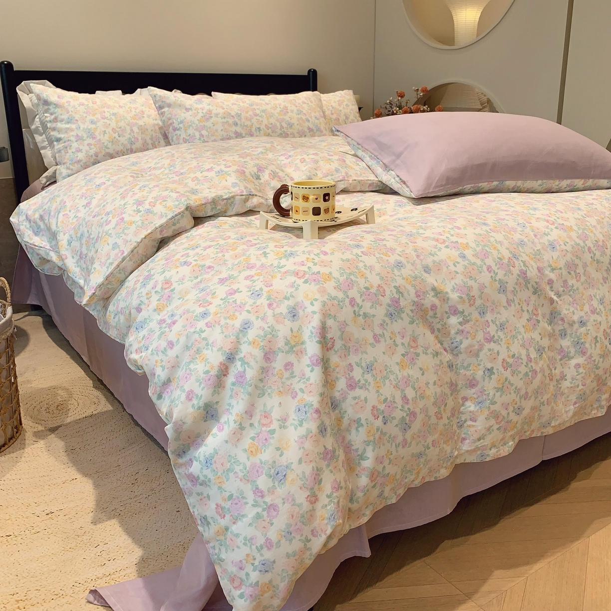 91家纺网 家纺一手货源 找家纺 莱豫家纺 2025新款亲肤舒适双层纱四件套 静海花影