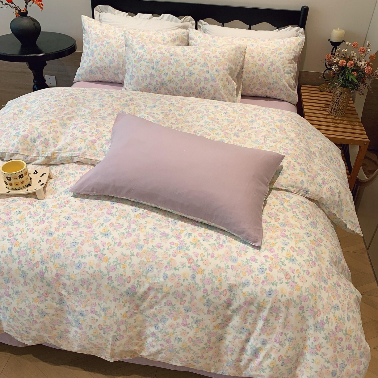 91家纺网 家纺一手货源 找家纺 莱豫家纺 2025新款亲肤舒适双层纱四件套 静海花影