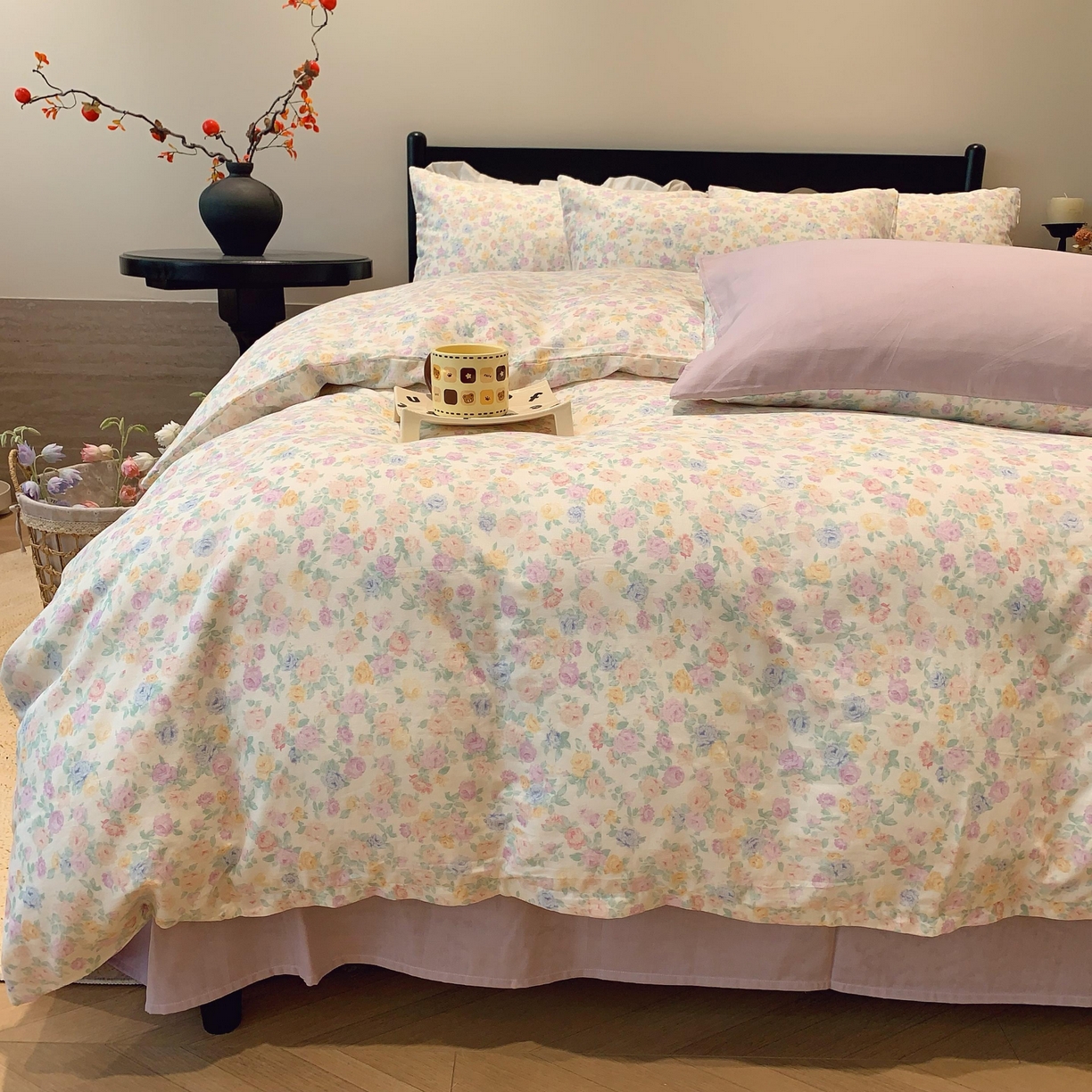 91家纺网 家纺一手货源 找家纺 莱豫家纺 2025新款亲肤舒适双层纱四件套 静海花影