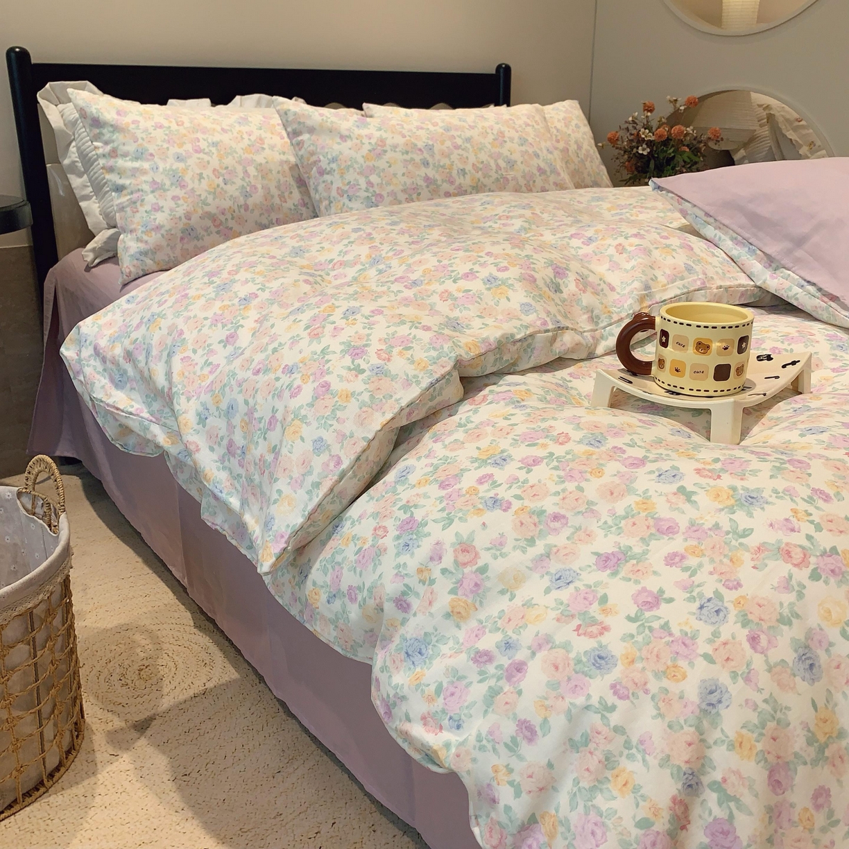 91家纺网 家纺一手货源 找家纺 莱豫家纺 2025新款亲肤舒适双层纱四件套 静海花影