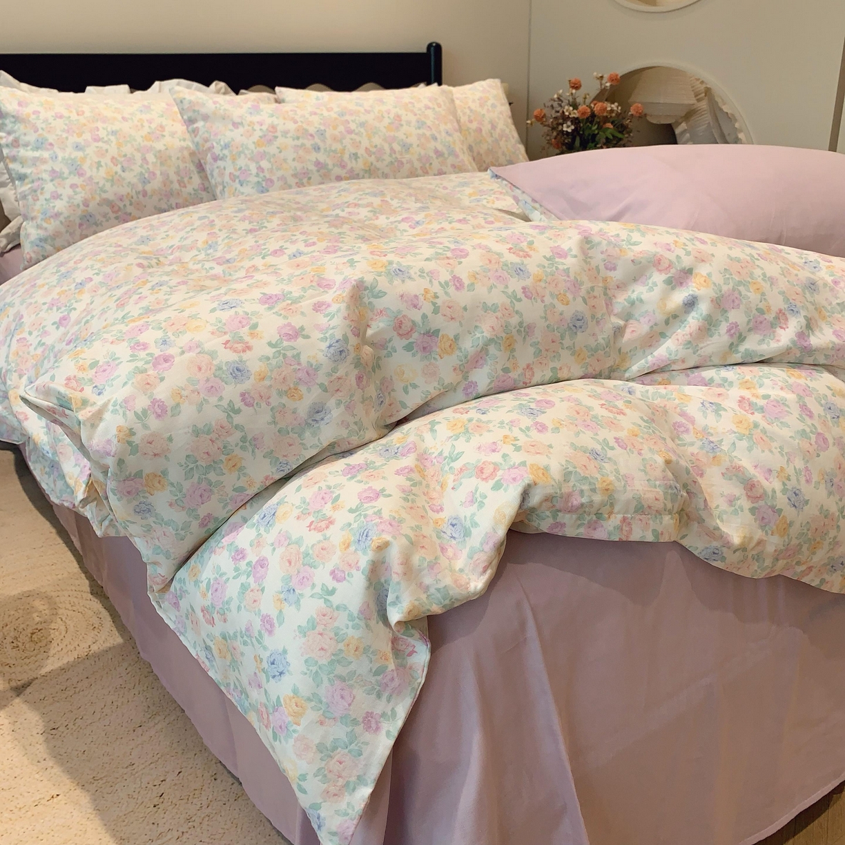 91家纺网 家纺一手货源 找家纺 莱豫家纺 2025新款亲肤舒适双层纱四件套 静海花影