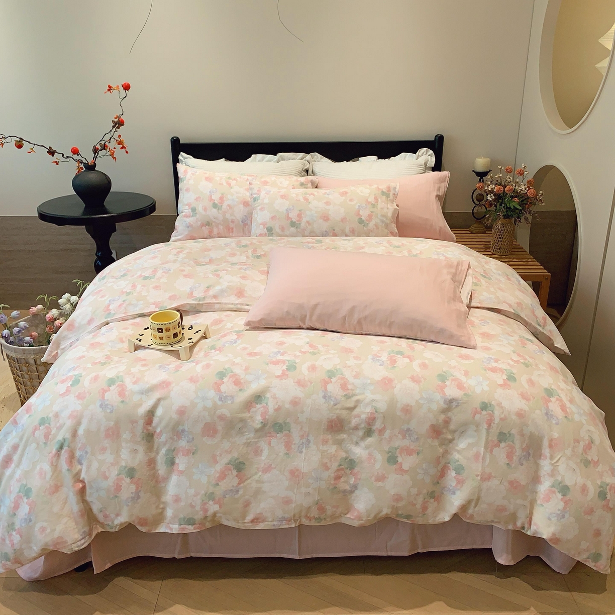 91家纺网 家纺一手货源 找家纺 莱豫家纺 2025新款亲肤舒适双层纱四件套 静海花影