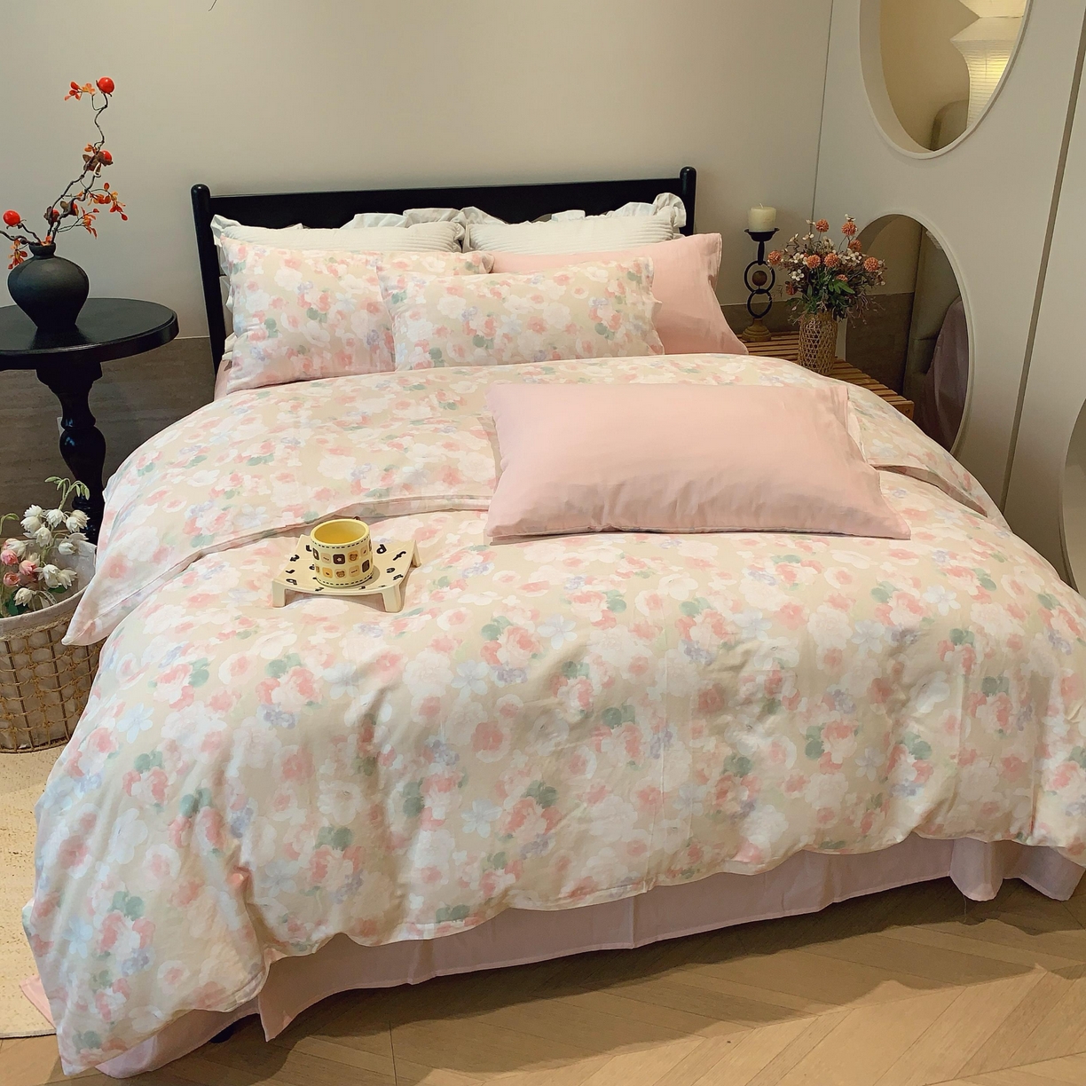 91家纺网 家纺一手货源 找家纺 莱豫家纺 2025新款亲肤舒适双层纱四件套 静海花影