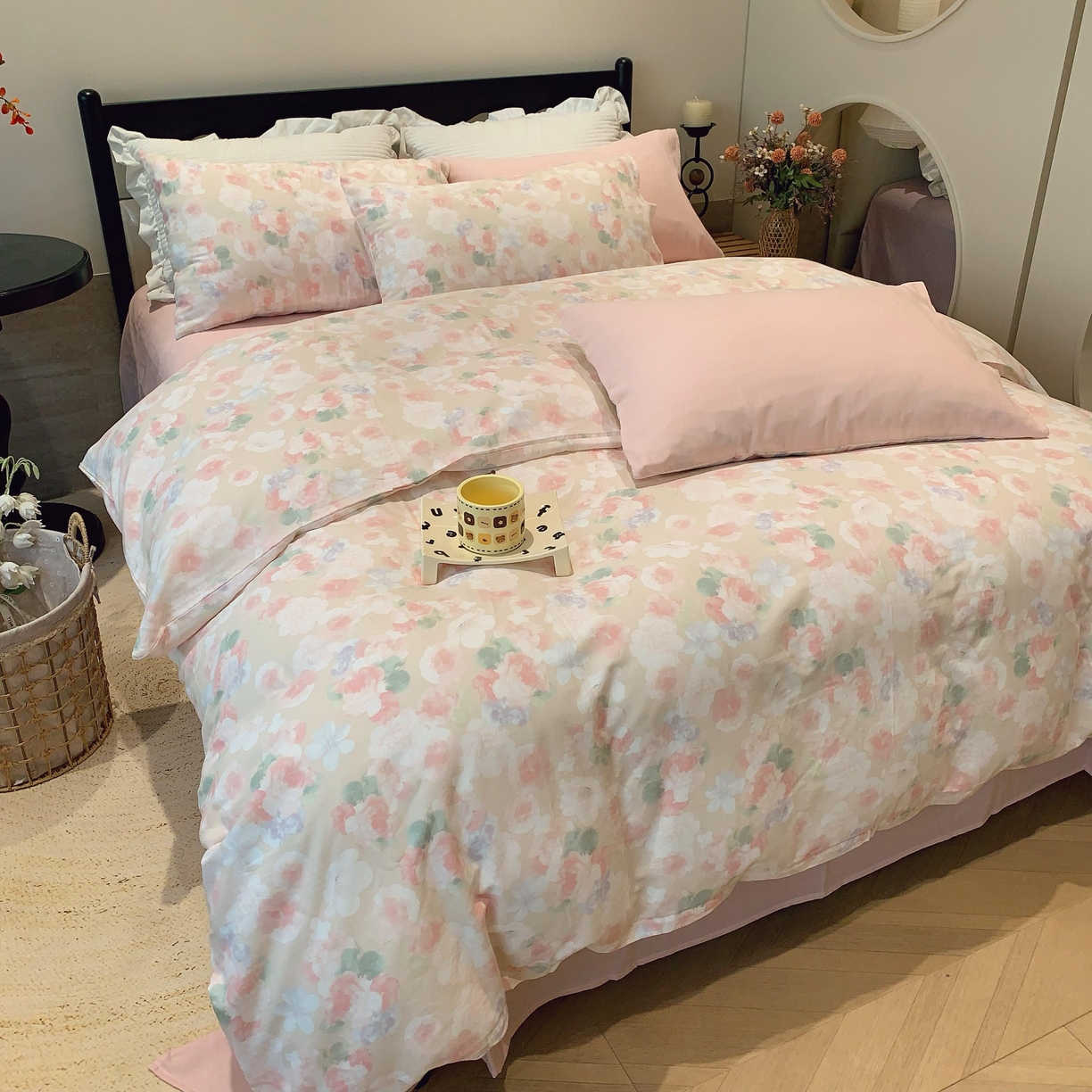 91家纺网 家纺一手货源 找家纺 莱豫家纺 2025新款亲肤舒适双层纱四件套 静海花影