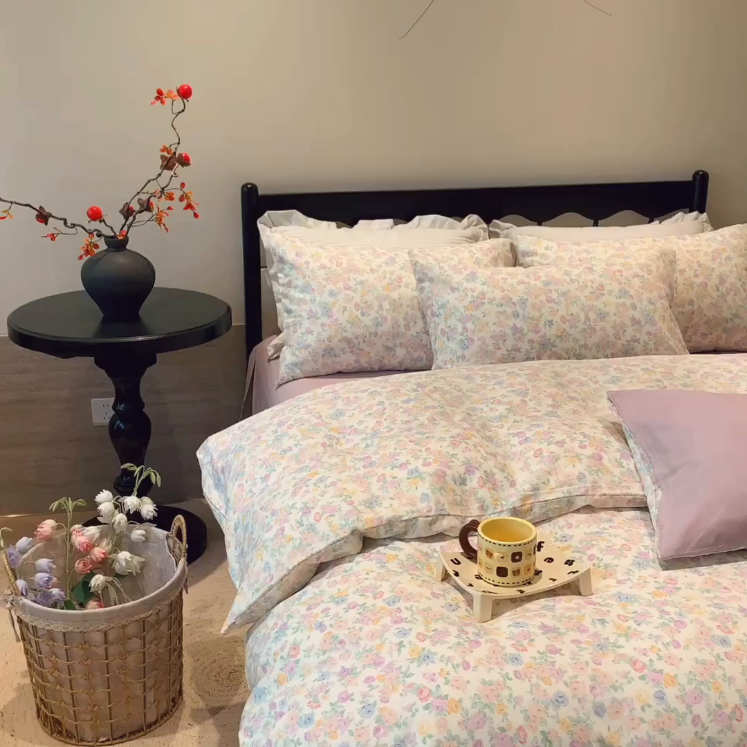 91家纺网 家纺一手货源 找家纺 莱豫家纺 2025新款亲肤舒适双层纱四件套 静海花影