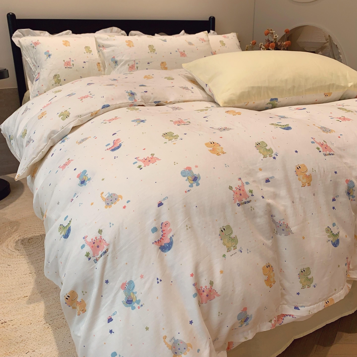 91家纺网 家纺一手货源 找家纺 莱豫家纺 2025新款亲肤舒适双层纱四件套 恐龙冒险