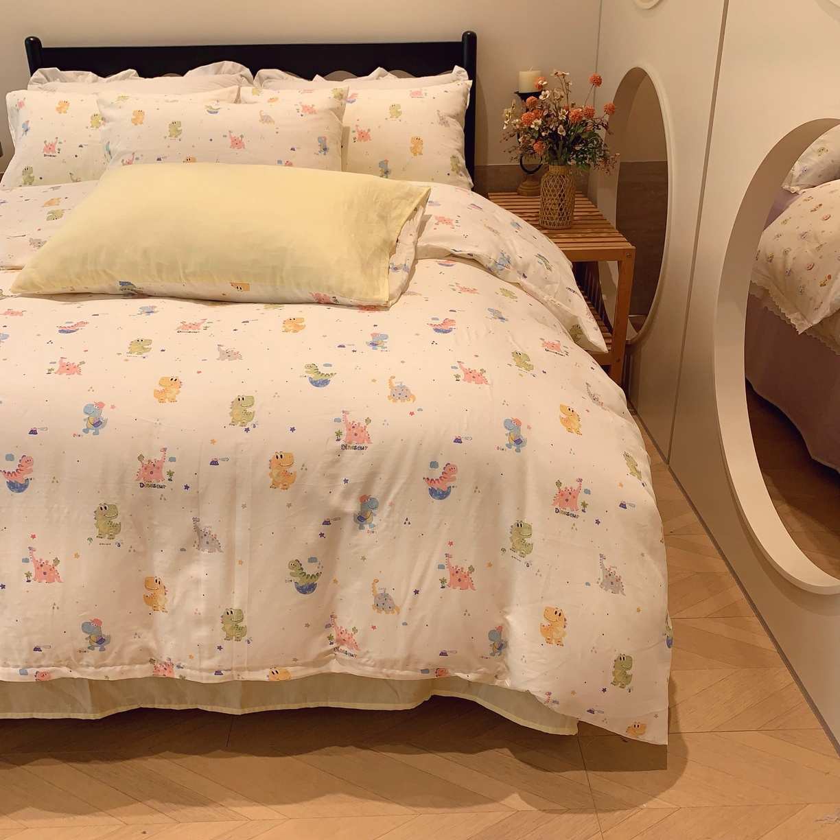 91家纺网 家纺一手货源 找家纺 莱豫家纺 2025新款亲肤舒适双层纱四件套 恐龙冒险