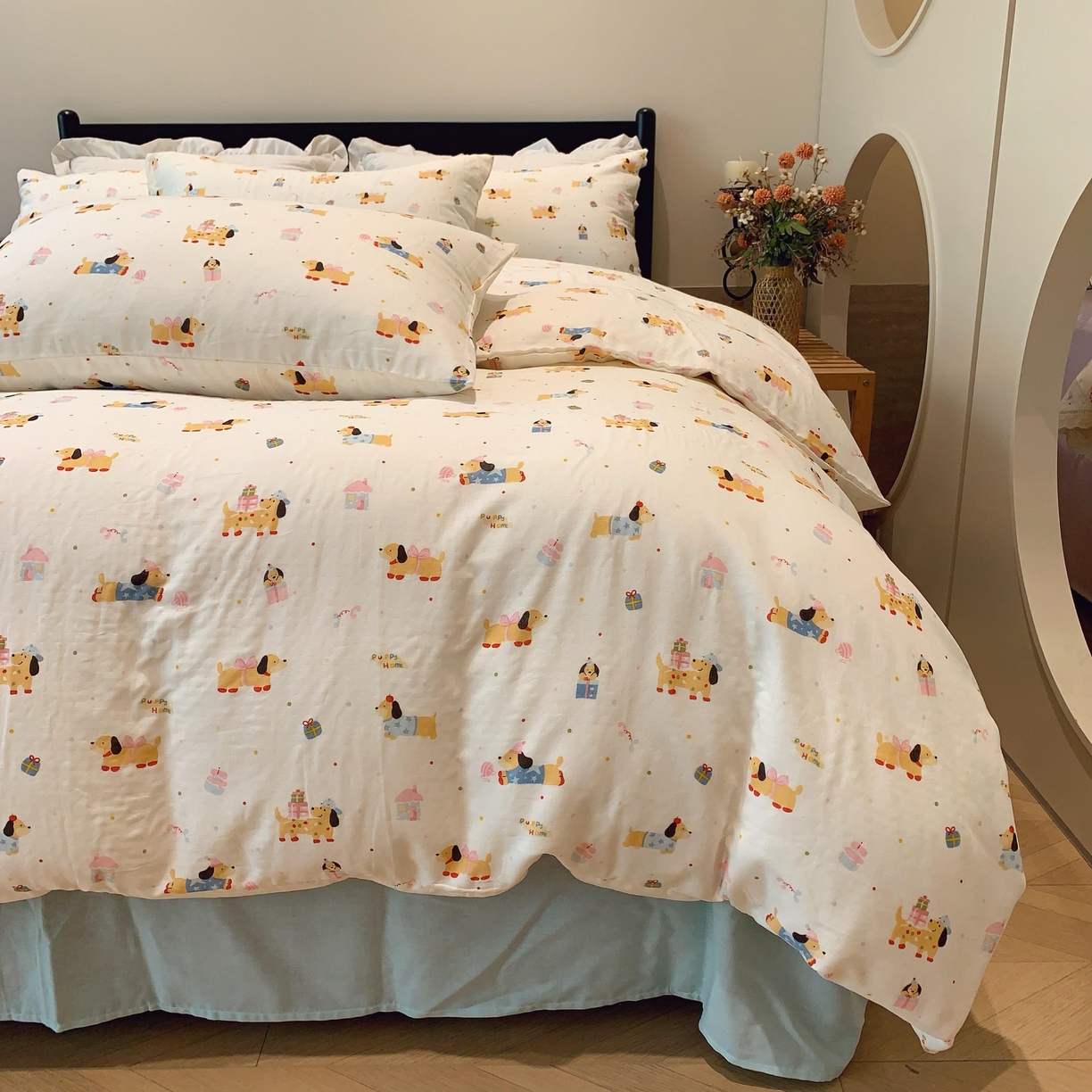 91家纺网 家纺一手货源 找家纺 莱豫家纺 2025新款亲肤舒适双层纱四件套 礼物狗狗