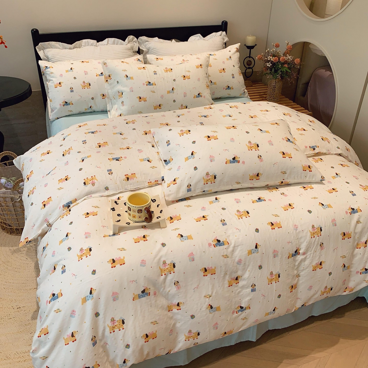 91家纺网 家纺一手货源 找家纺 莱豫家纺 2025新款亲肤舒适双层纱四件套 礼物狗狗