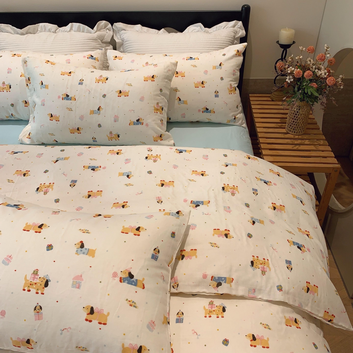 91家纺网 家纺一手货源 找家纺 莱豫家纺 2025新款亲肤舒适双层纱四件套 礼物狗狗