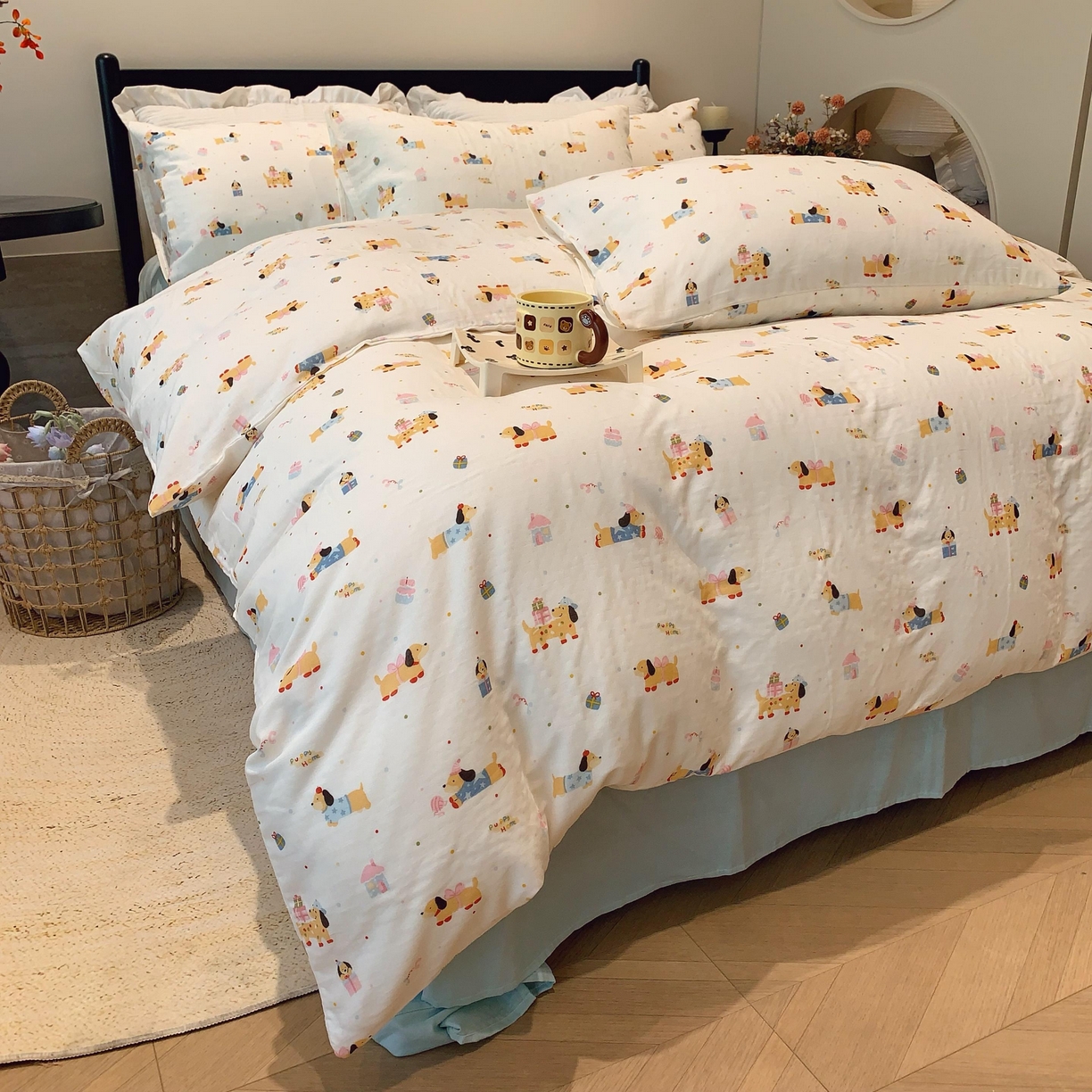 91家纺网 家纺一手货源 找家纺 莱豫家纺 2025新款亲肤舒适双层纱四件套 礼物狗狗