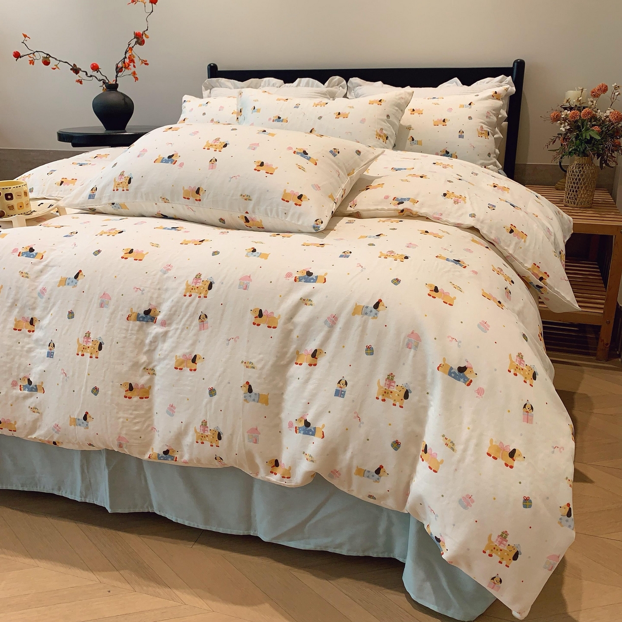 91家纺网 家纺一手货源 找家纺 莱豫家纺 2025新款亲肤舒适双层纱四件套 礼物狗狗