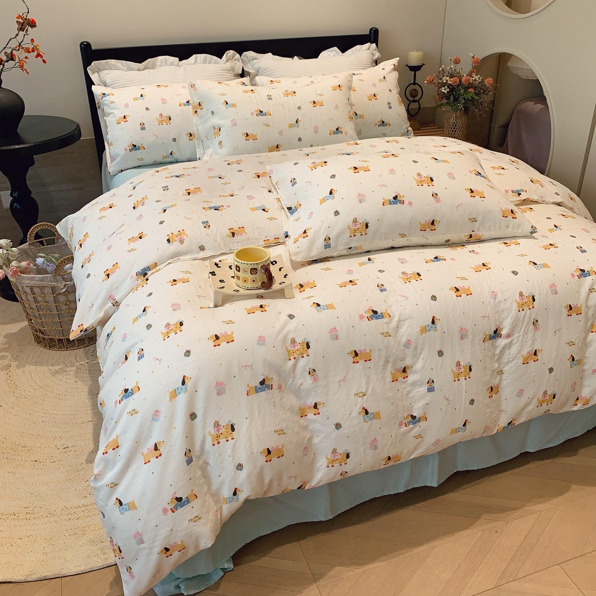 91家纺网 家纺一手货源 找家纺 莱豫家纺 2025新款亲肤舒适双层纱四件套 礼物狗狗